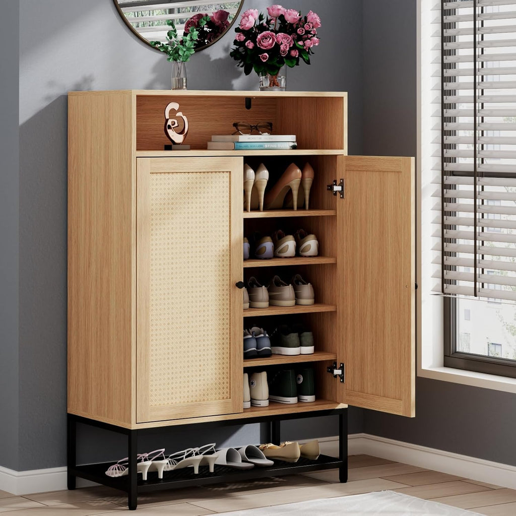 Natural Rattan Shoe Cabinet Entryway, 7-Tier Shoe Organizer with Doors, 46.54’’ Tall Shoe Rack Storage with Adjustable Shelves and Open Storage Space for Hallway, Closet (Natural)