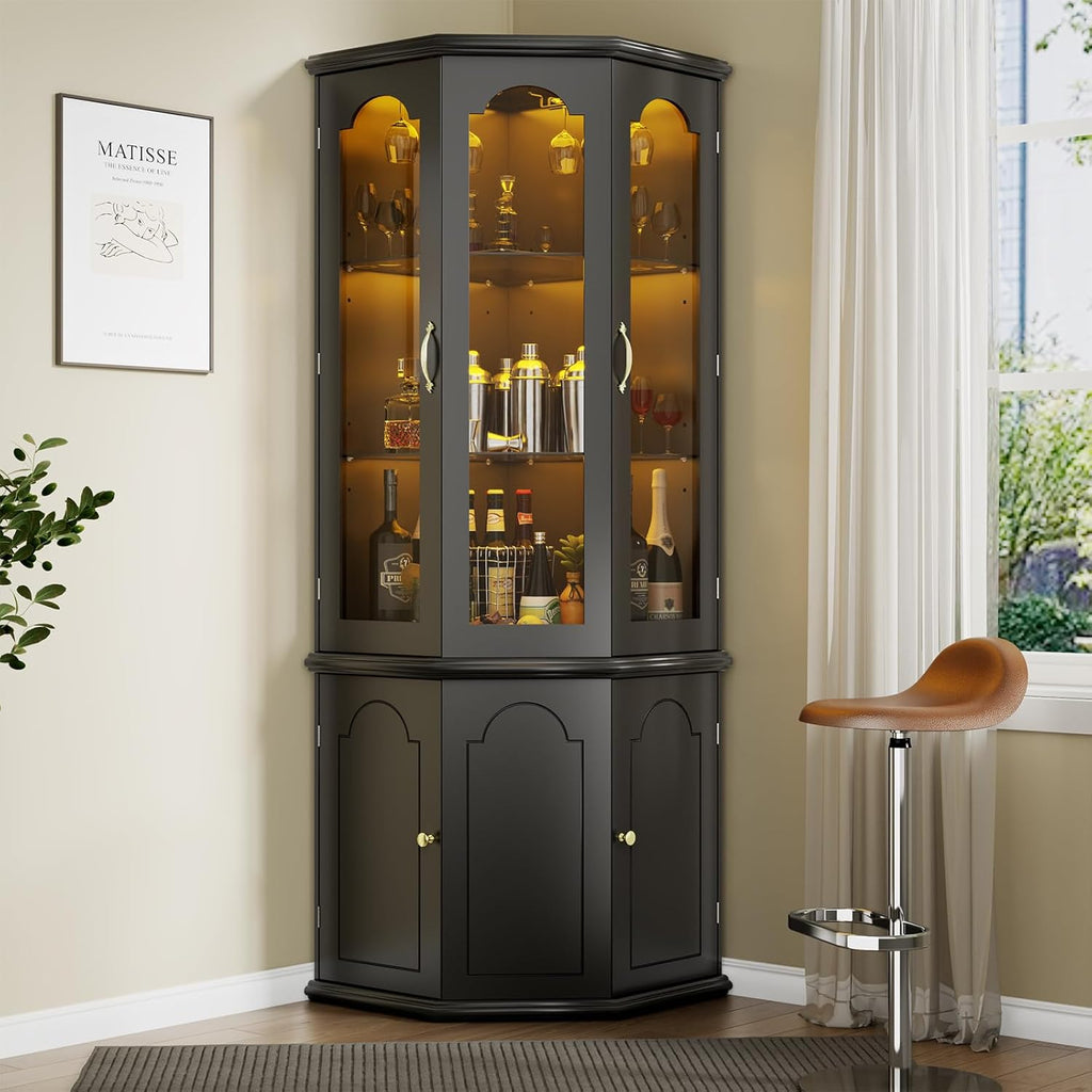 Corner Bar Cabinet w/LED Lights, Tall Modern Wine Cabinet with Tempered Glass Door & Adjustable Shelves, Home Bar Liquor Storage Cabinet with Glass Rack for Living Room, Dining Room (Black)