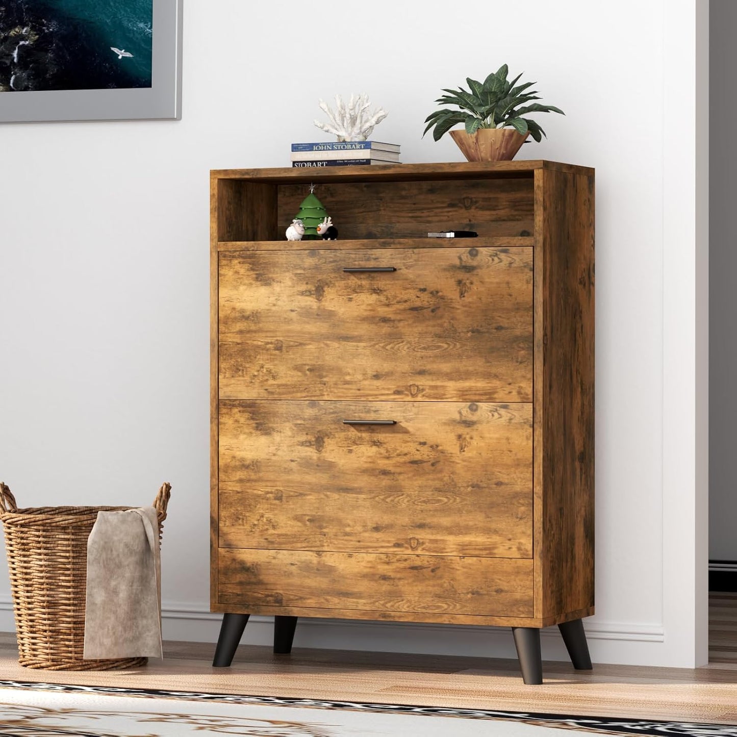 Entryway Shoe Storage Cabinet with 2 Flip Drawers, FreestandingShoe Organizer with Open Storage Space for Entryway, Narrow Shoe Rack Cabinet wih Rustic Brown Finsh (Rustic)