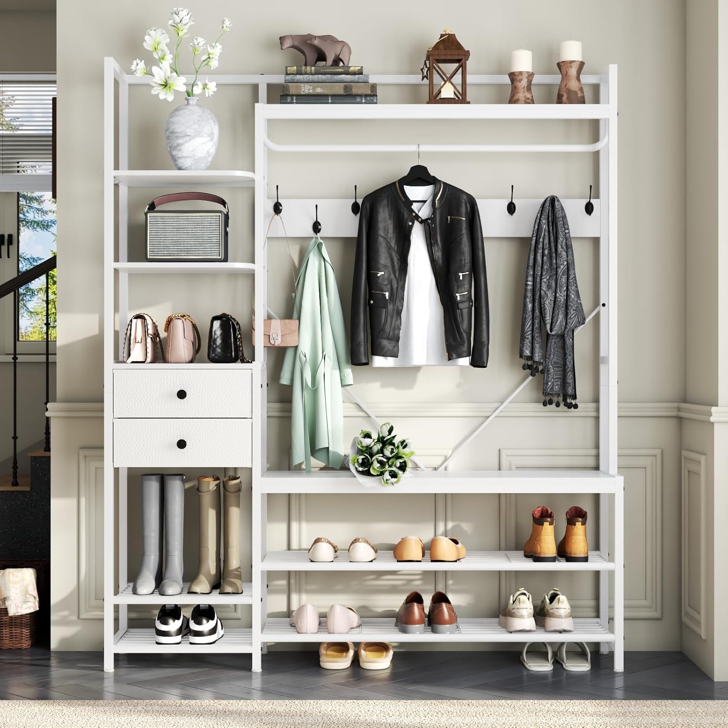 7-in-1 Hall Tree with Bench and Shoe Storage for Entryway, Entryway Bench with Coat Rack, Storage Shelves, Shoe Race, Coat Hooks and 2 Fabric Drawers for Hallway(White)