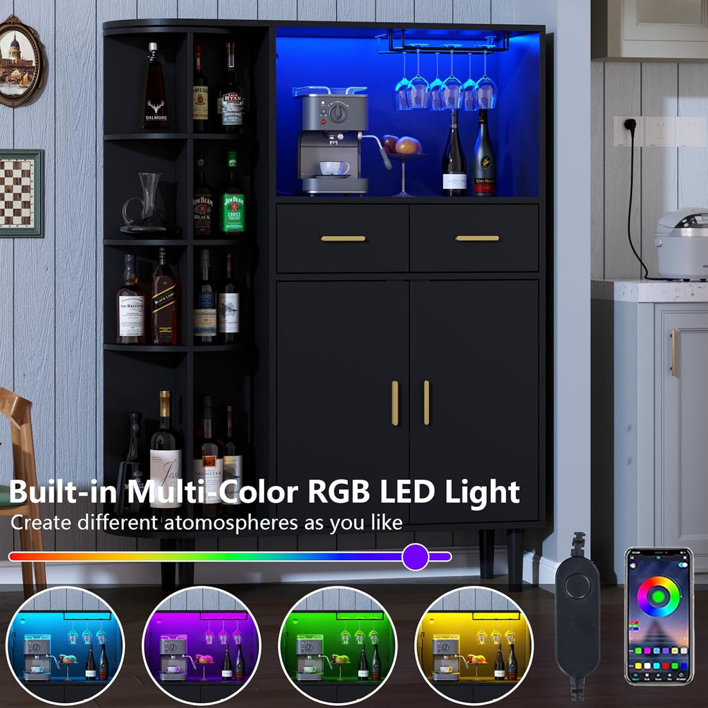 Kitchen Pantry Storage Cabinet with Charging Station and LED Lights, Freestanding Buffet Sideboards with Wine Glass Holder,Food Hutch Cabinet with Rotation 4-Tier Storage Rack for Kitchen(Black)