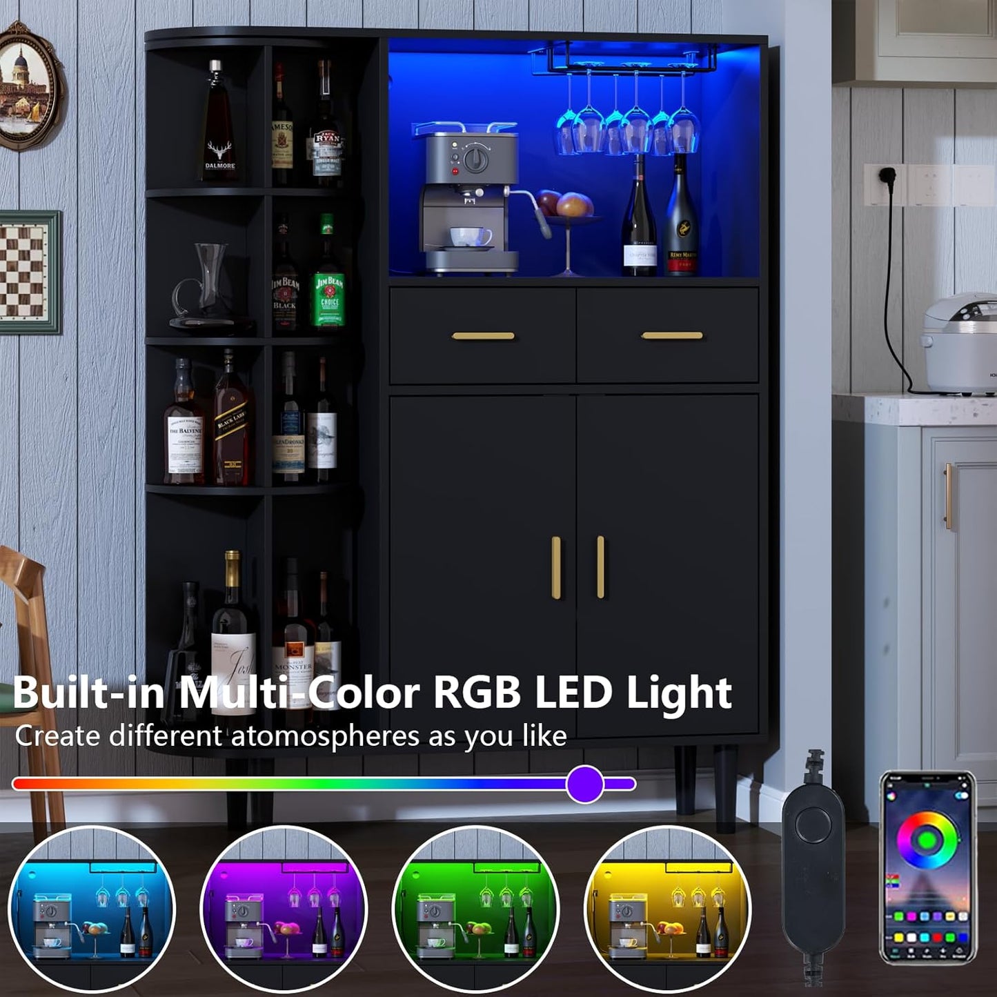 Kitchen Pantry Storage Cabinet with Charging Station and LED Lights, Freestanding Buffet Sideboards with Wine Glass Holder,Food Hutch Cabinet with Rotation 4-Tier Storage Rack for Kitchen(Black)