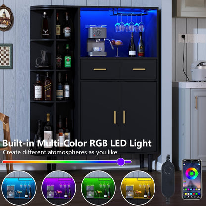 Kitchen Pantry Storage Cabinet with Charging Station and LED Lights, Freestanding Buffet Sideboards with Wine Glass Holder,Food Hutch Cabinet with Rotation 4-Tier Storage Rack for Kitchen(Black)