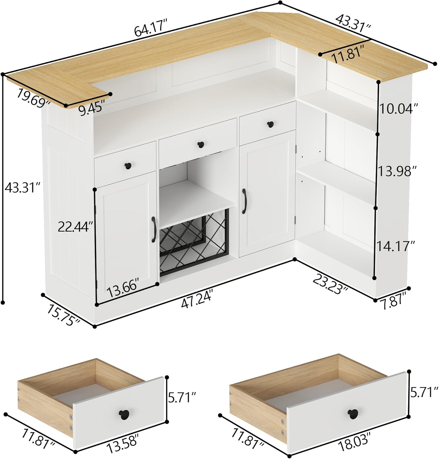 Bar Cabinet, L-Shaped Home Bar Table with Drawers and Doors, Corner Bar Unit with Stemware Racks, Liquor Wine Bar Cabinet with Storage Shelves for Home Pub