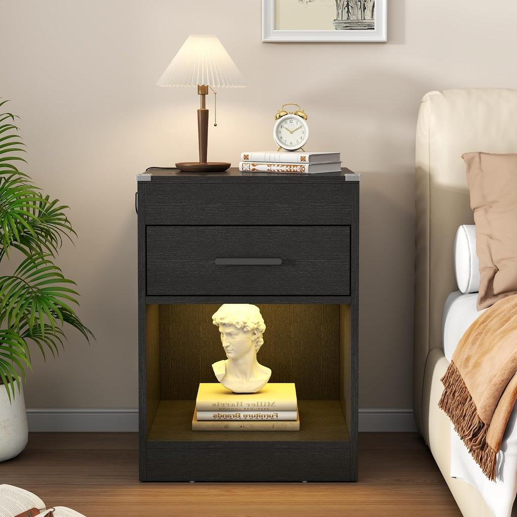 Black Nightstand Set of 2 with Charging Station & RFID Lock,LED Night Stand