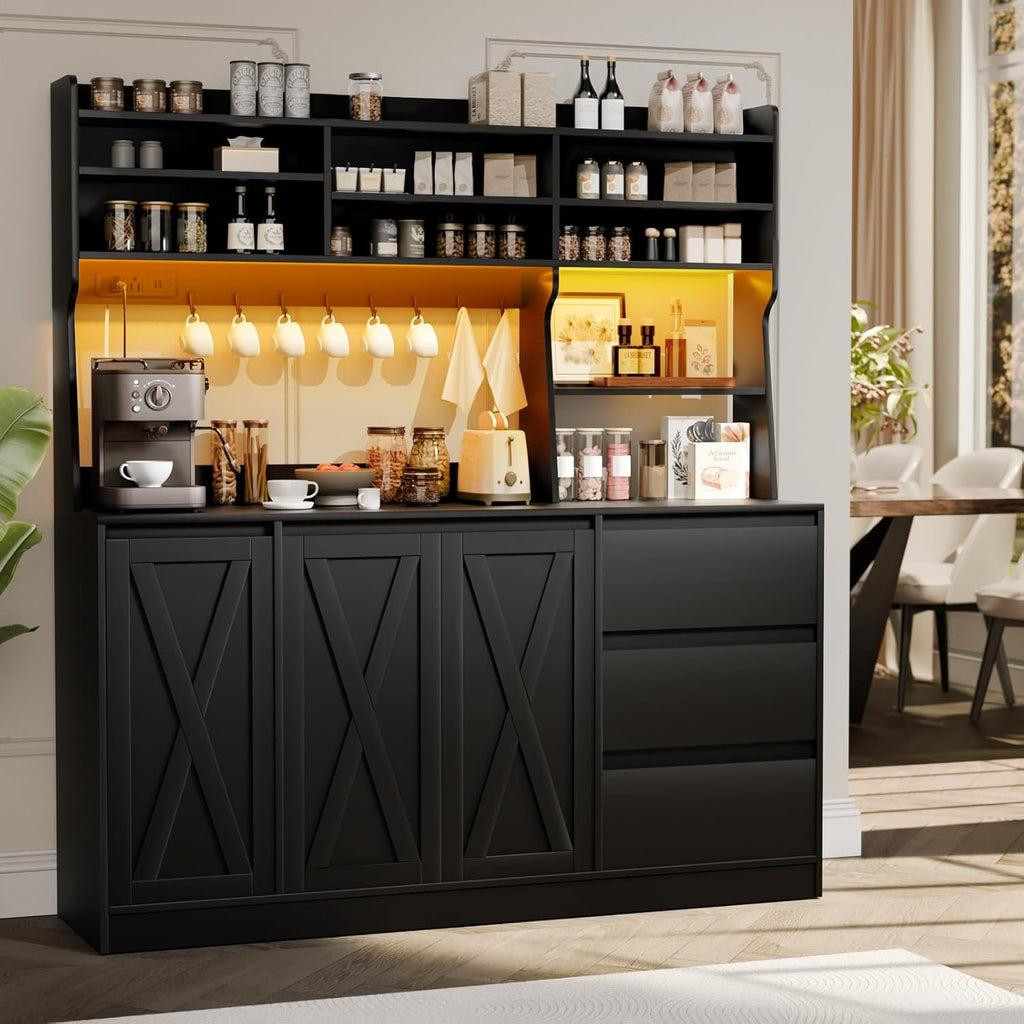 Farmhouse Kitchen Pantry Cabinet with Power Outlet & LED Light, Large Coffee Bar Cupboard with Microwave Stand, 3 Doors & 3 Drawers, 7 Cup Holders & 8 Open Cubbies, Adjusted Shelves (Black)