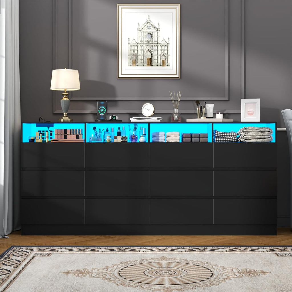 63" Wide 6-Drawer Black Dresser with Divided Compartments, Charging Station & LED Lights, TV Stand for TVs up to 75", Large Organizer with 4 Open Cubbies