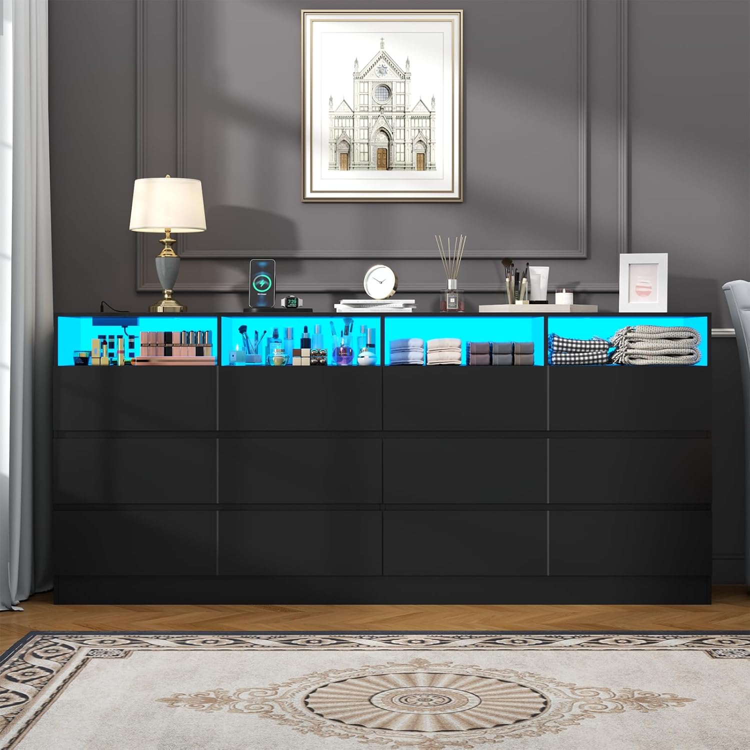 63" Wide 6-Drawer Black Dresser with Divided Compartments, Charging Station & LED Lights, TV Stand for TVs up to 75", Large Organizer with 4 Open Cubbies