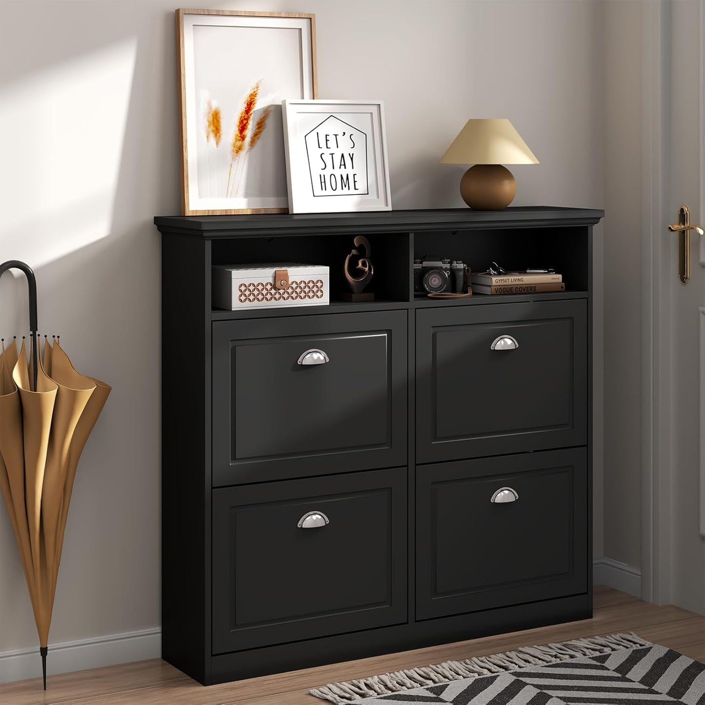 Shoe Cabinet with 4 Flip Drawers, Shoe Storage Cabinet for Entryway, Freestanding Hidden Shoe Cabinet Organizer with Open Storage, Slim Narrow Shoe Rack Cabinet (Black)