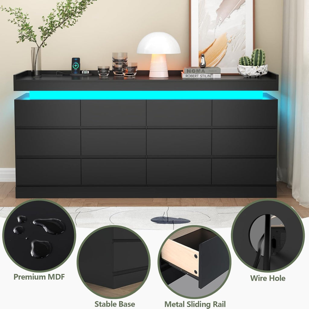 Extra Large 6 Drawer Dresser with 12 Compartment, Dresser with Power Outlet