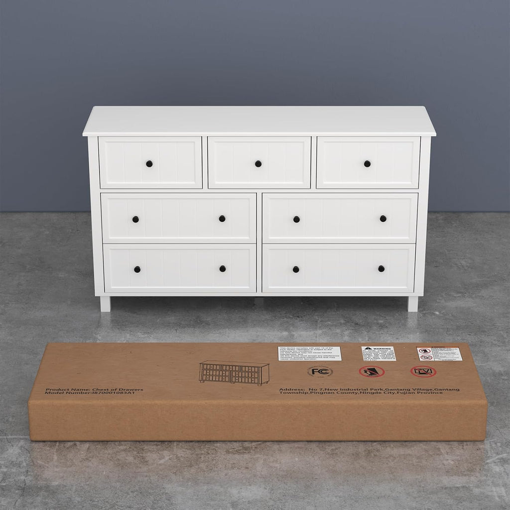 White Dresser for Bedroom, Farmhouse 7 Drawers Dresser with Deep Drawers, Wood Dressers Chest of Drawers with Metal Handles, Wide Modern Dressers Large TV Stand for Living Room, Closet, Hallway