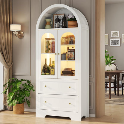 70" Tall Arched Bookcase with LED Lights, Modern Curved Cabinet with Glass Door, Arched Bookshelf Cabinet with 2 Storage Drawers, Display Storage Cabinet with Adjustable Shelves for Living Room,White