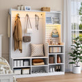 Hall Tree with Shoe Storage, Entryway Bench with Coat Rack & LED Lights, Modern Hall Trees with 9 Cubbies & 5 Hooks, Mudroom Coat Rack Cabinet, White