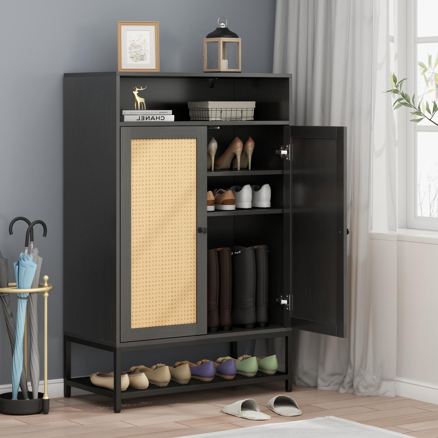 Natural Rattan Shoe Cabinet Entryway, 7-Tier Shoe Organizer with Doors, 46.54’’ Tall Shoe Rack Storage with Adjustable Shelves and Open Storage Space for Hallway, Closet (Natural)