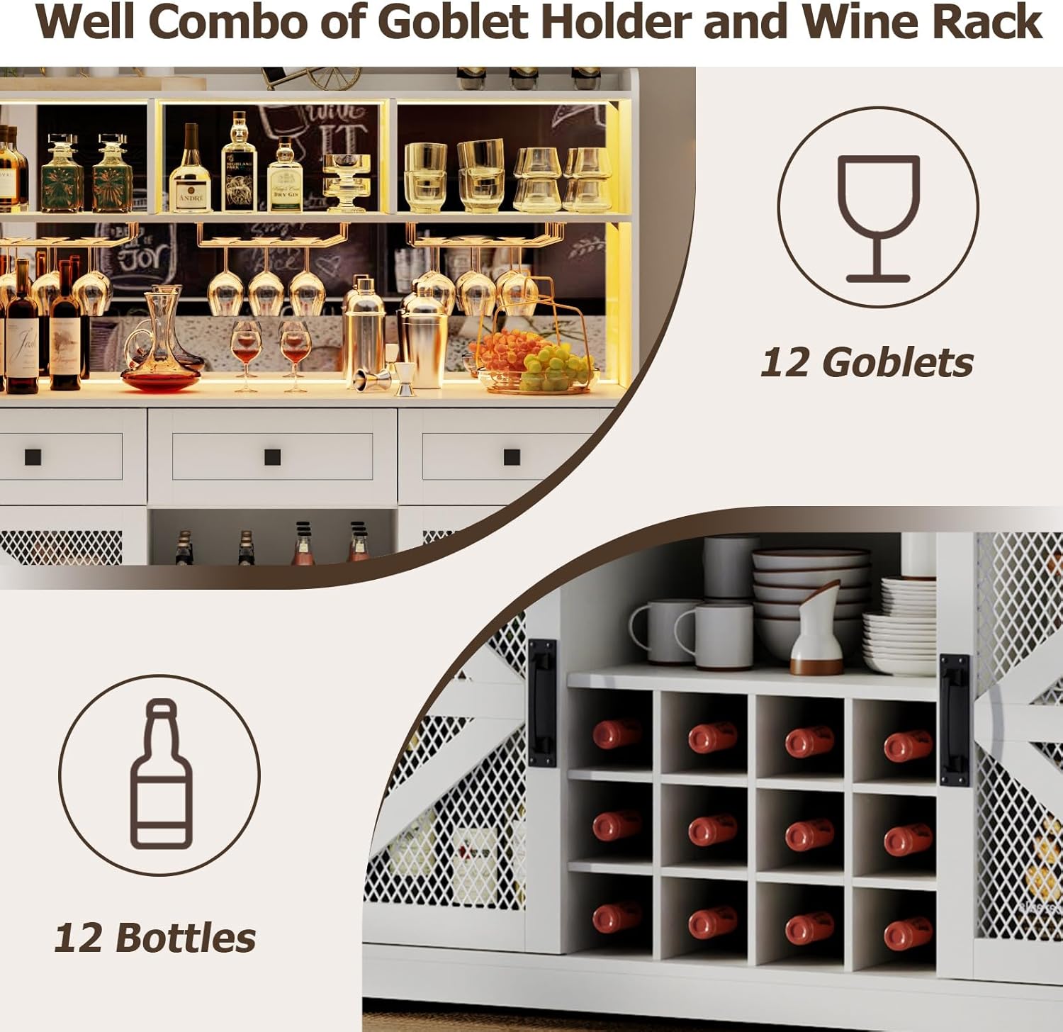 Farmhouse Wine Bar Cabinet with LED Lights, Kitchen Coffee Bar Cabinet with Acrylic Mirror, Wine & Glass Rack, Storage Shelves and 3 Drawers (2-Tier Hutch)