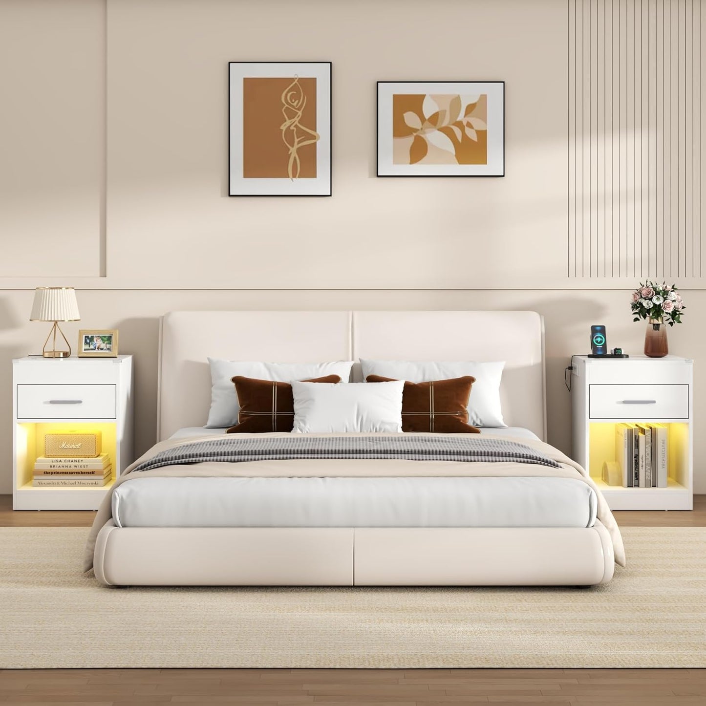 White Nightstand Set of 2 with Charging Station & RFID Lock Cabinet, Hidden Night Stand with LED Lights, Modern Bedside Table with Drawer & Valuables Storage, Secret Concealment Nightstand for Bedroom