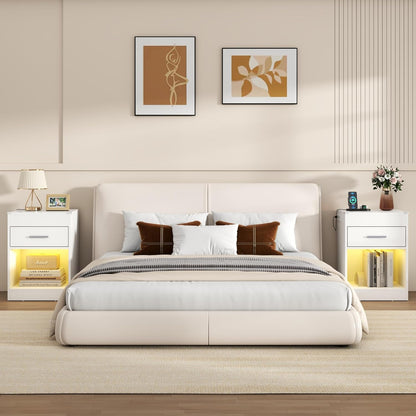 White Nightstand Set of 2 with Charging Station & RFID Lock Cabinet, Hidden Night Stand with LED Lights, Modern Bedside Table with Drawer & Valuables Storage, Secret Concealment Nightstand for Bedroom