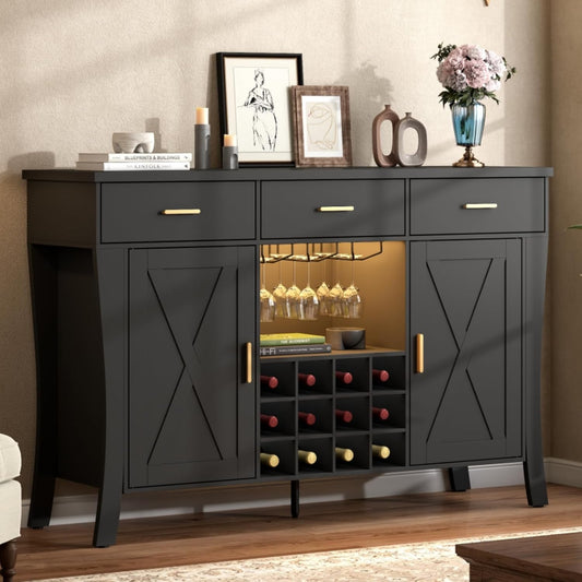 Wine Bar Cabinet with LED Light,Farmhous Liquor cabinet with Wine and Glass Rack,Coffee Station with Storage cabinet and 3 drawers,Buffet Sideboard with Arc Design for Kitchen,living room (Black)