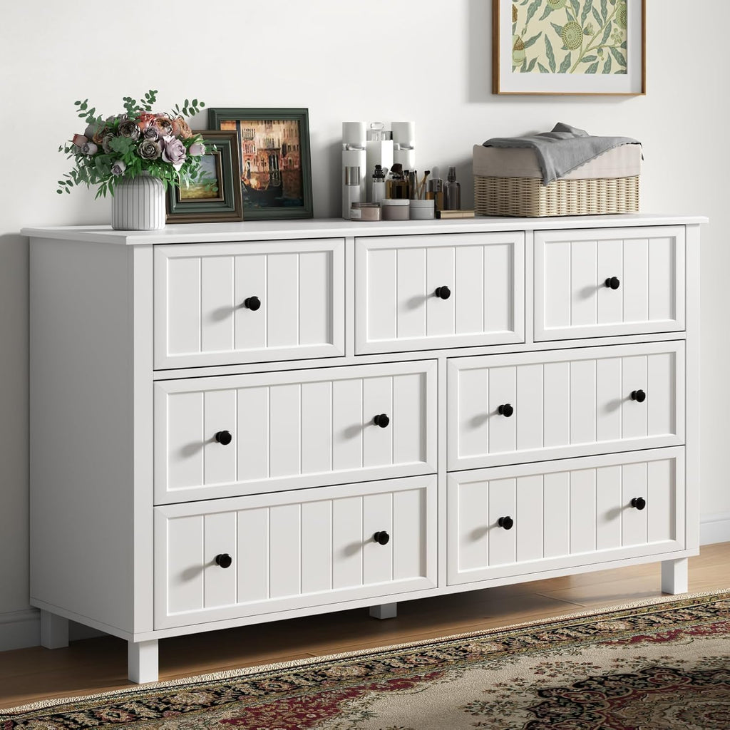 Farmhouse 7 Drawers Dresser for Bedroom, White Dresser Chest of Drawers, Wood Storage Dressers with Deep Drawers and Metal Handle, Wide Modern Dressers & TV Stand for Living Room, Closet, Hallway