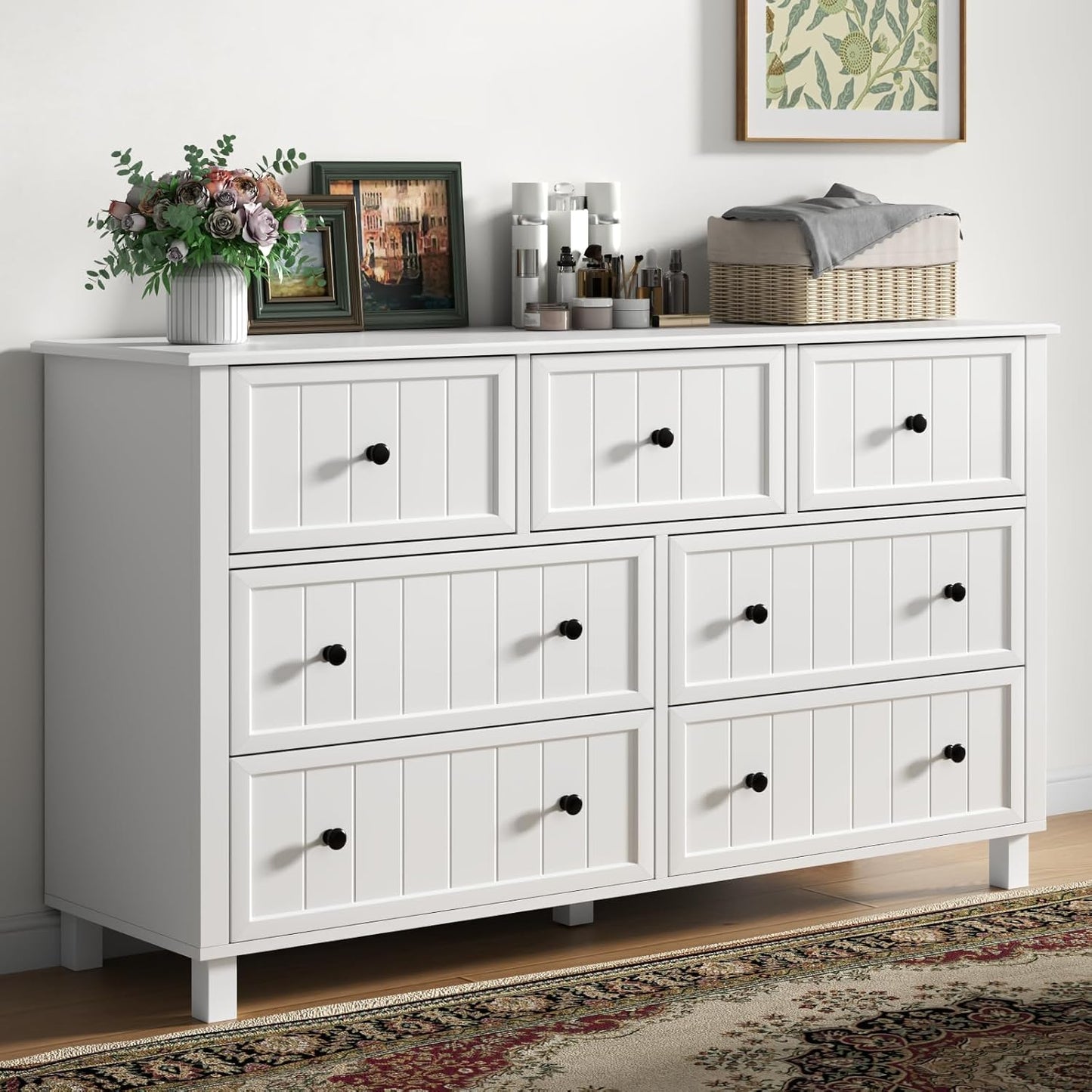 Farmhouse 7 Drawers Dresser for Bedroom, White Dresser Chest of Drawers, Wood Storage Dressers with Deep Drawers and Metal Handle, Wide Modern Dressers & TV Stand for Living Room, Closet, Hallway
