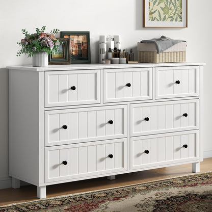 Farmhouse 7 Drawers Dresser for Bedroom, White Dresser Chest of Drawers, Wood Storage Dressers with Deep Drawers and Metal Handle, Wide Modern Dressers & TV Stand for Living Room, Closet, Hallway
