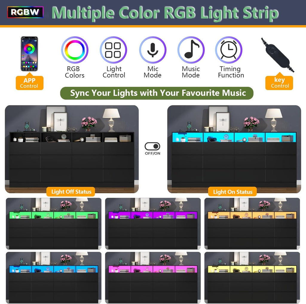 63" Wide 6-Drawer Black Dresser with Divided Compartments, Charging Station & LED Lights, TV Stand for TVs up to 75", Large Organizer with 4 Open Cubbies