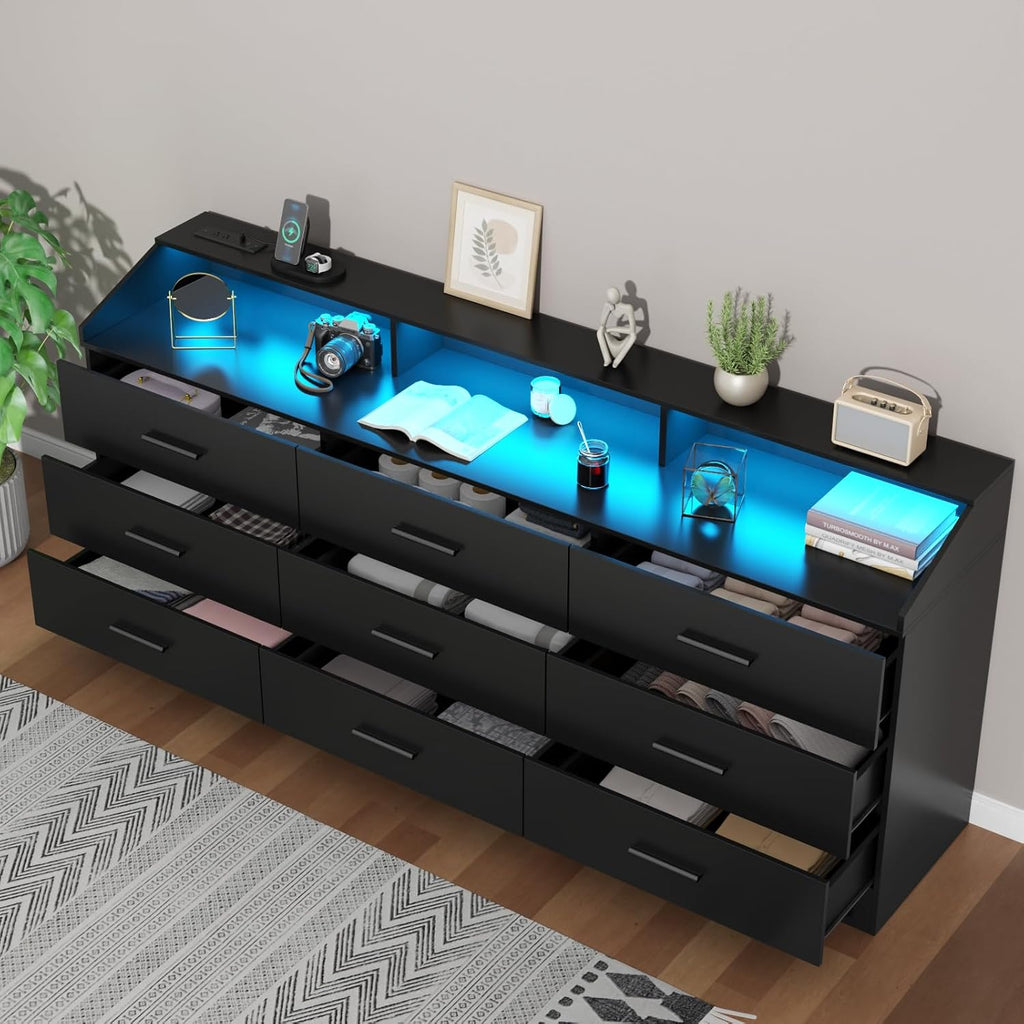 9 Drawers Dresser for Bedroom with Power Outlet, Chest of Drawers with LED Light, Modern Dressers with Open Storage Cubby, Triple Wide Dressers Organizer for Living Room (Black-)