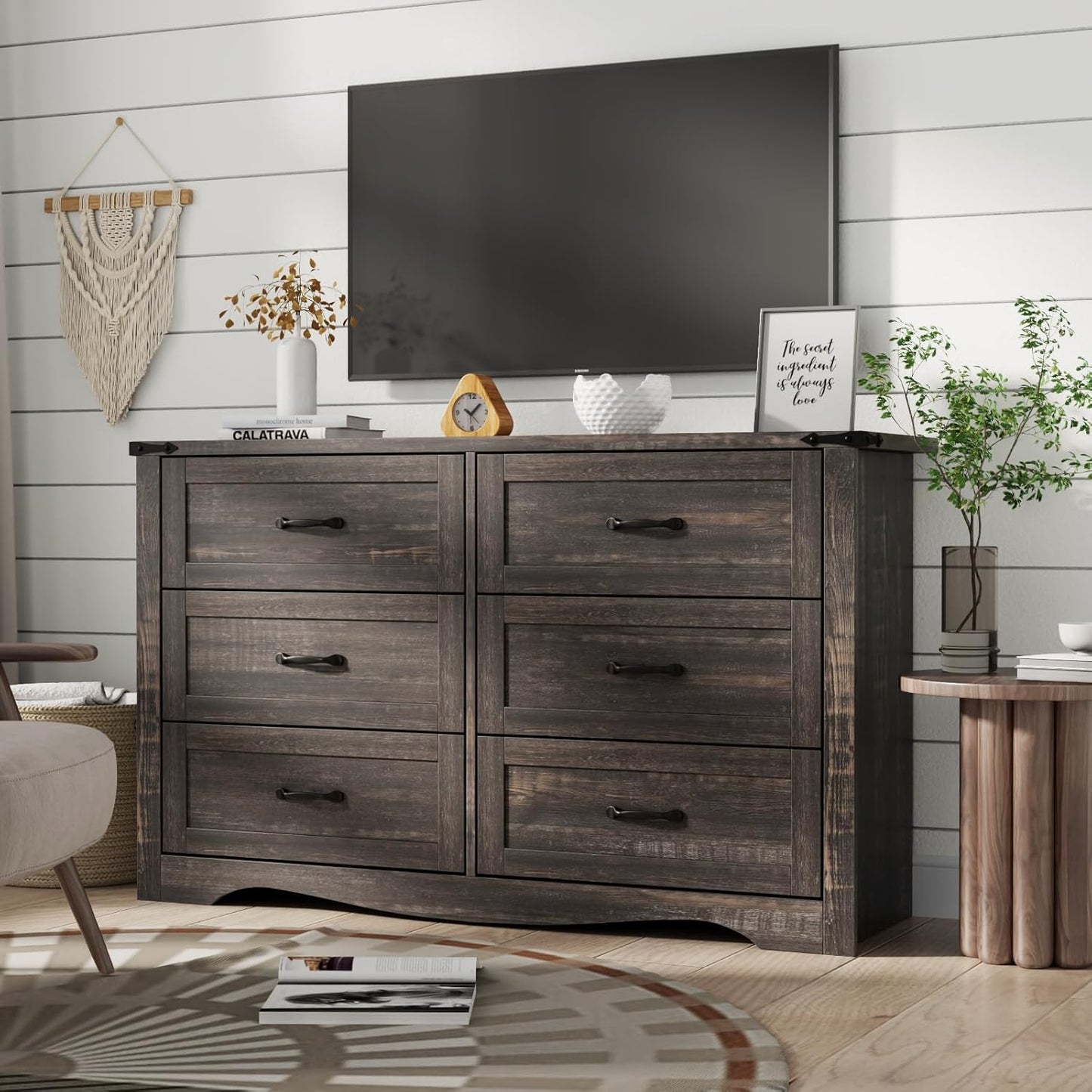 Farmhouse Dresser for Bedroom, Chest of Drawers with Natural Texture, Accent Storage Cabinet for Closet,Living Room (Dark Rustic Oak, 15.7" D x 46.4" W x 30.8" H(6 Drawers))