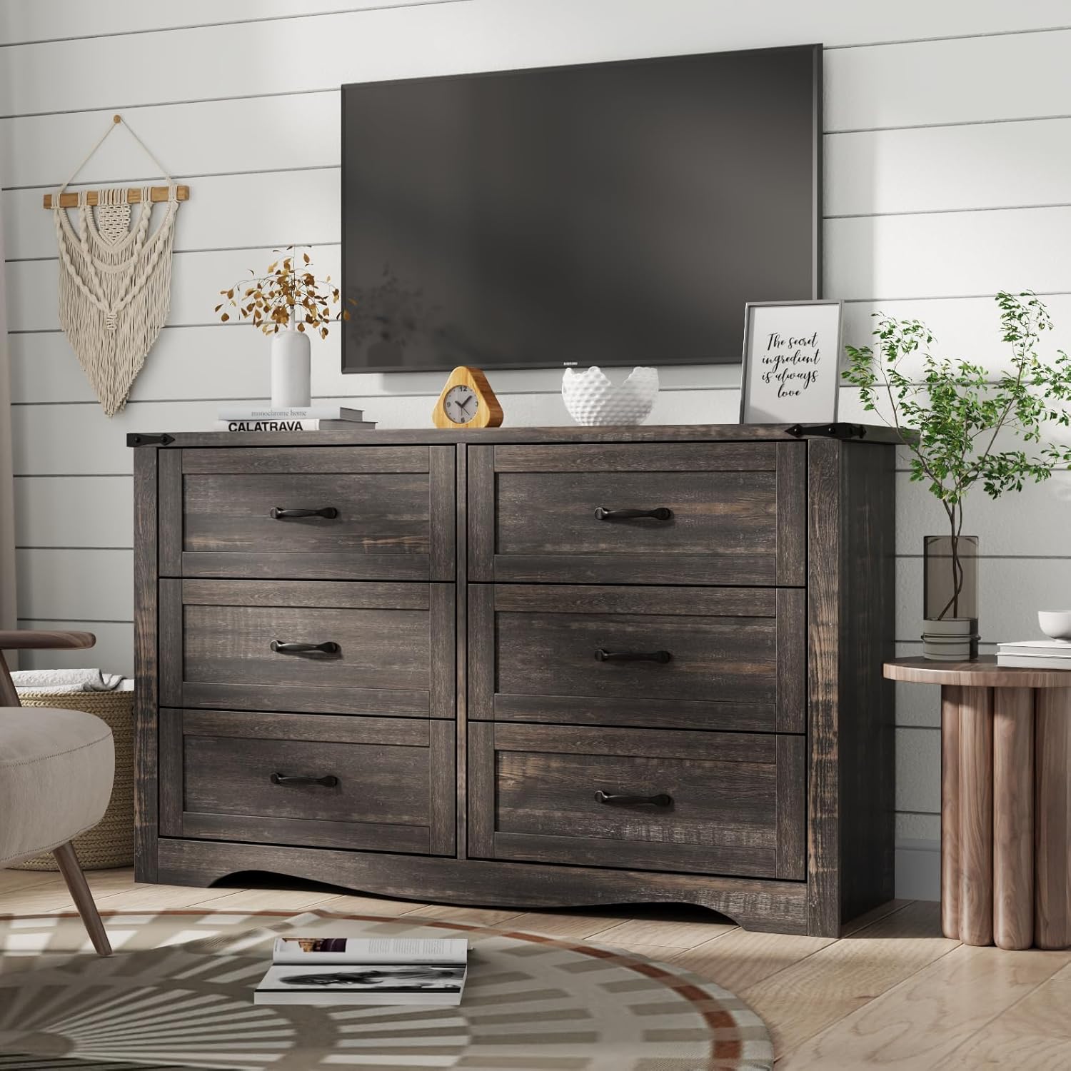 Farmhouse Dresser for Bedroom, Chest of Drawers with Natural Texture, Accent Storage Cabinet for Closet,Living Room (Dark Rustic Oak, 15.7" D x 46.4" W x 30.8" H(6 Drawers))