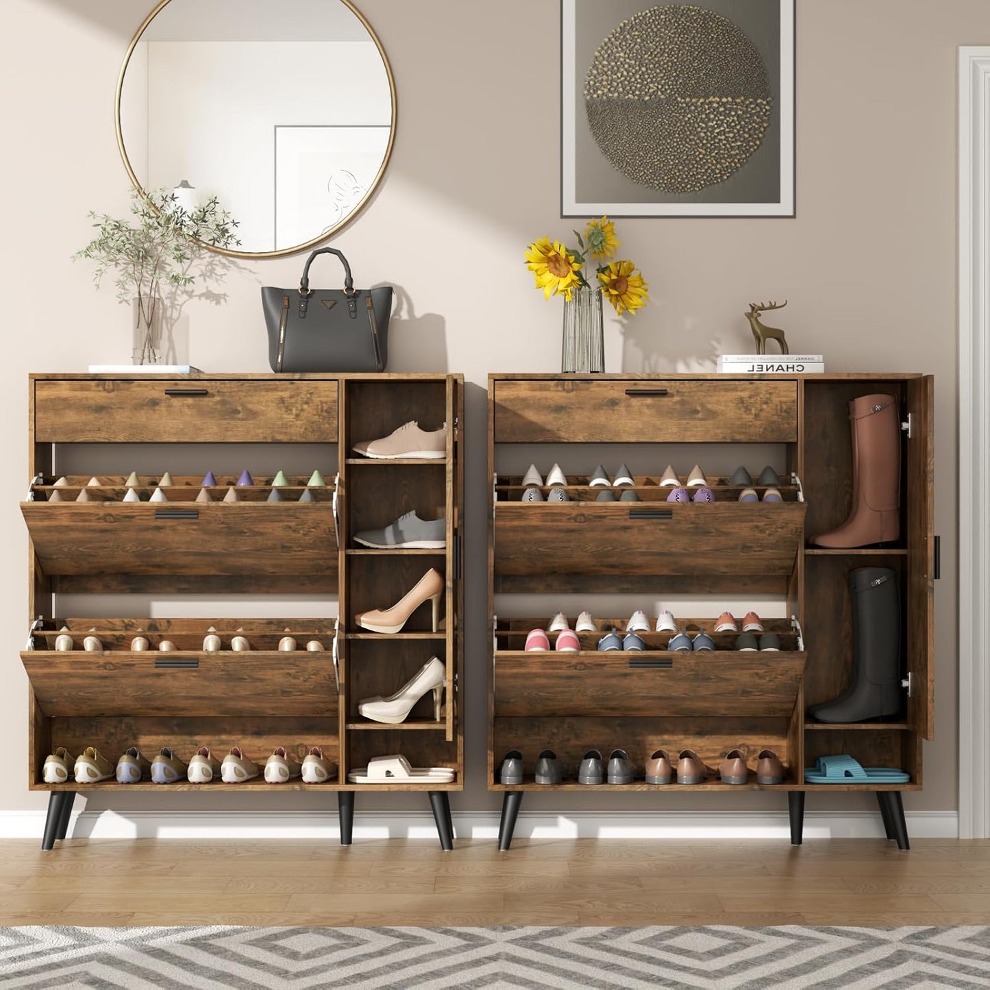 Shoe Storage Cabinets, 16 Pairs Free Standing Shoe Organizer with 2 Flip Drawers for Entryway, Narrow 3 Tier Entryway Hidden Shoe Rack with Doors (Upgraded Rustic)