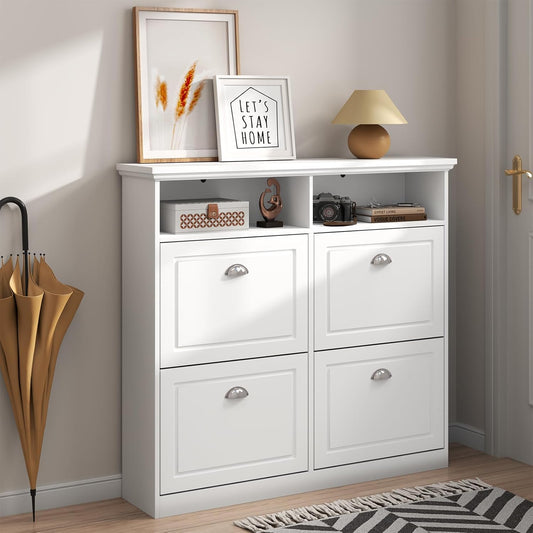 Shoe Cabinet with 4 Flip Drawers, Shoe Storage Cabinet for Entryway, Freestanding Hidden Shoe Cabinet Organizer with Open Storage, Slim Narrow Shoe Rack Cabinet (White)