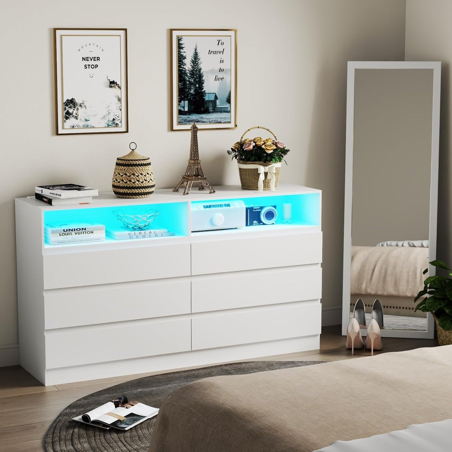 6 Drawer Dresser with Mirror for Bedroom, Accent Chests of Drawers with LED Light and Power Outlet, White 6 Dresser with Charging Station and 47"x15.7" Full Length Mirror (White)