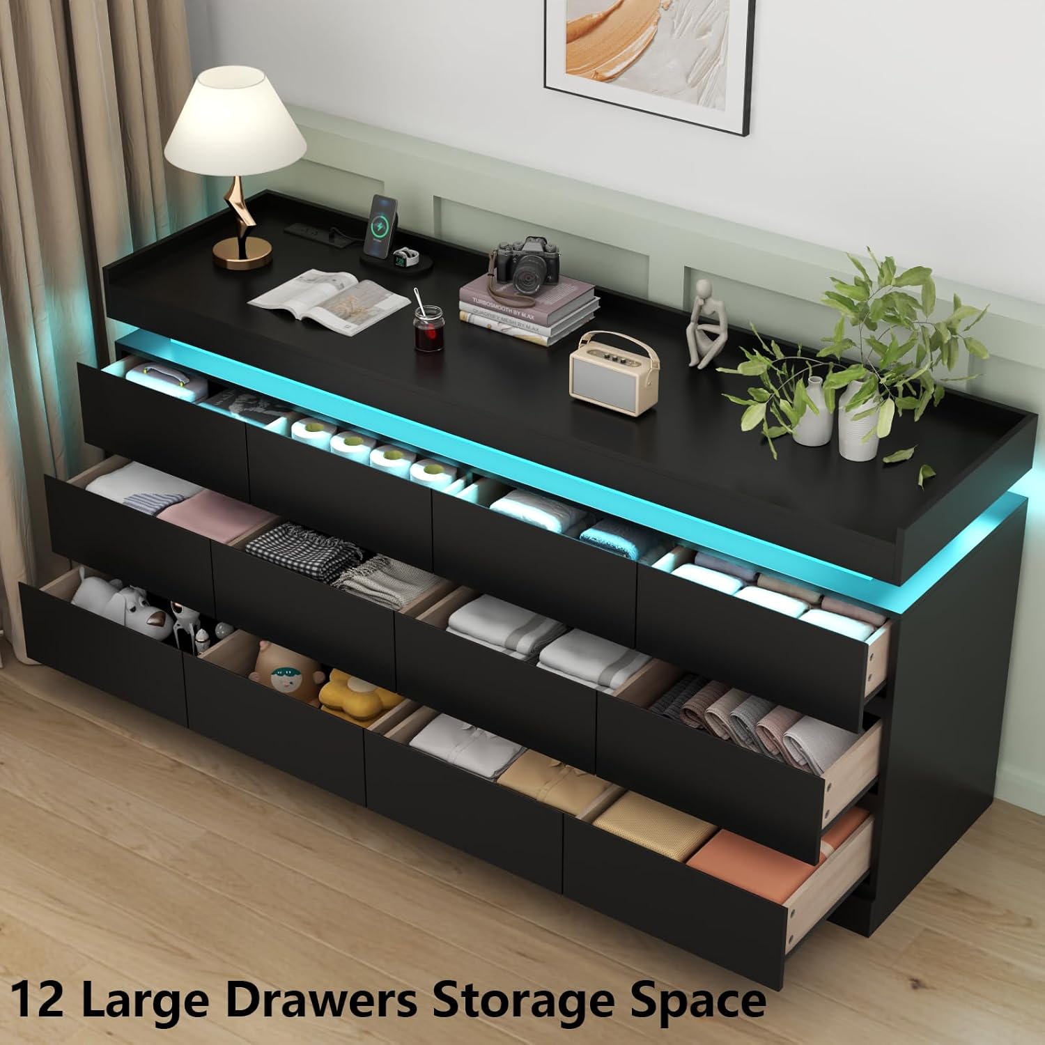 12 Drawer Dresser with Power Outlet, Dresser with LED Light, Modern Chest of Drawers for Closet, Double Wide Drawer Organizer Cabinet for Bedroom, Living Room (Black, 12 Drawers)