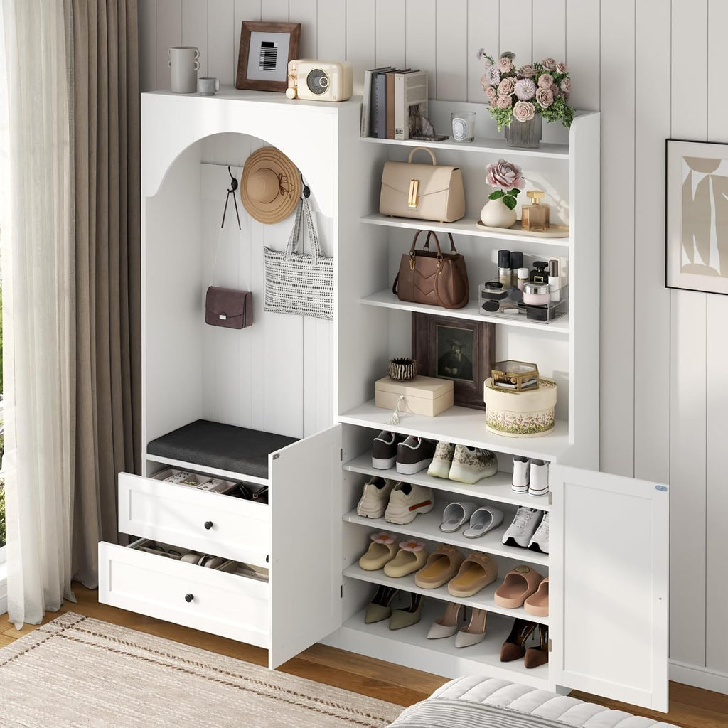 Large Hall Tree with Bench and Shoe Rack for Entryway, 71'' H x 59'' W