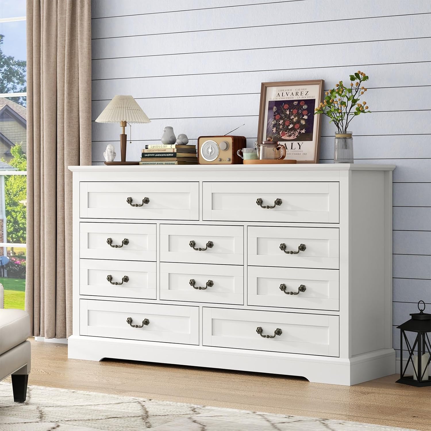 Farmhouse 10 Drawer Dresser, 52 Inch White Chest of Drawer Dresser for Bed Room with Vintage Handle, Storage Dressers Organizer for Bedroom, Living Room and Hallway