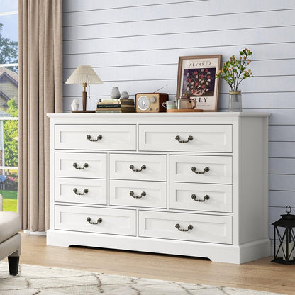 Farmhouse 10 Drawer Dresser, 52 Inch White Chest of Drawer Dresser for Bed Room with Vintage Handle, Storage Dressers Organizer for Bedroom, Living Room and Hallway