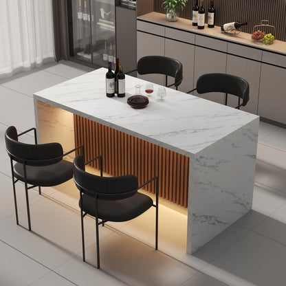 63" Large Imitation Marble Dining Table for 4-6 People(Patent Pending), Island Table with LED Lights, Mordern Marble Stripes Kitchen Dining Table with Grille design for Dining Room,Living Room,White
