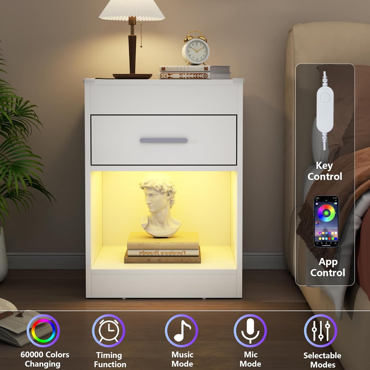 White Nightstand Set of 2 with Charging Station & RFID Lock Cabinet, Hidden Night Stand with LED Lights, Modern Bedside Table with Drawer & Valuables Storage, Secret Concealment Nightstand for Bedroom