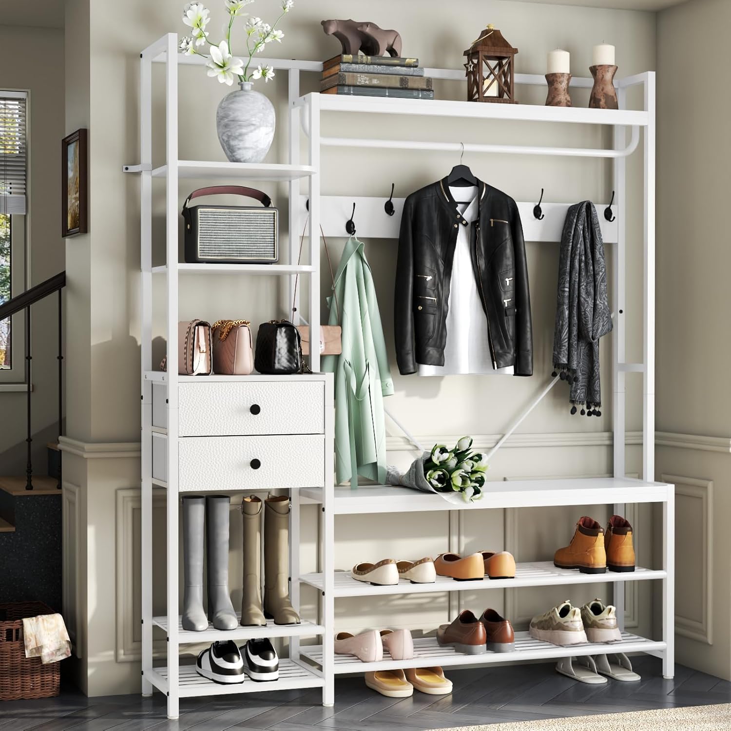 7-in-1 Hall Tree with Bench and Shoe Storage for Entryway, Entryway Bench with Coat Rack, Storage Shelves, Shoe Race, Coat Hooks and 2 Fabric Drawers for Hallway(White)