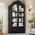 71" Tall Arched Cabinets, Bookcase with Storage, Mid-Century Modern 4-Tier Bookshelf with Glass Door, Display Cabinet with Large Drawer & Adjustable Shelf, Curved Pantry Cabinet, Black (Black)