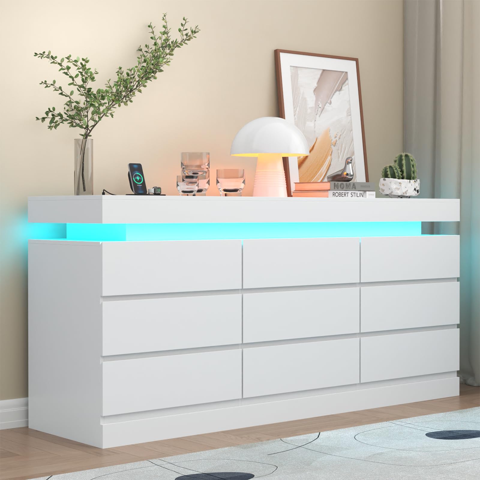 12 Drawer Dresser with Power Outlet, Dresser with LED Light, Modern Chest of Drawers for Closet, Double Wide Drawer Organizer Cabinet for Bedroom, Living Room (Black, 12 Drawers)