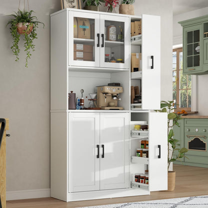 68" Tall Kitchen Pantry Cabinet with Side Drawer, Kitchen Pantry Storage Cabinet with Glass Door,Freestanding Food Hutch with Microwave Stand for Dining Room (White)