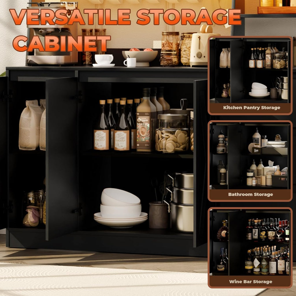Farmhouse Kitchen Pantry Cabinet with Power Outlet & LED Light, Large Coffee Bar Cupboard with Microwave Stand, 3 Doors & 3 Drawers, 7 Cup Holders & 8 Open Cubbies, Adjusted Shelves (Black)