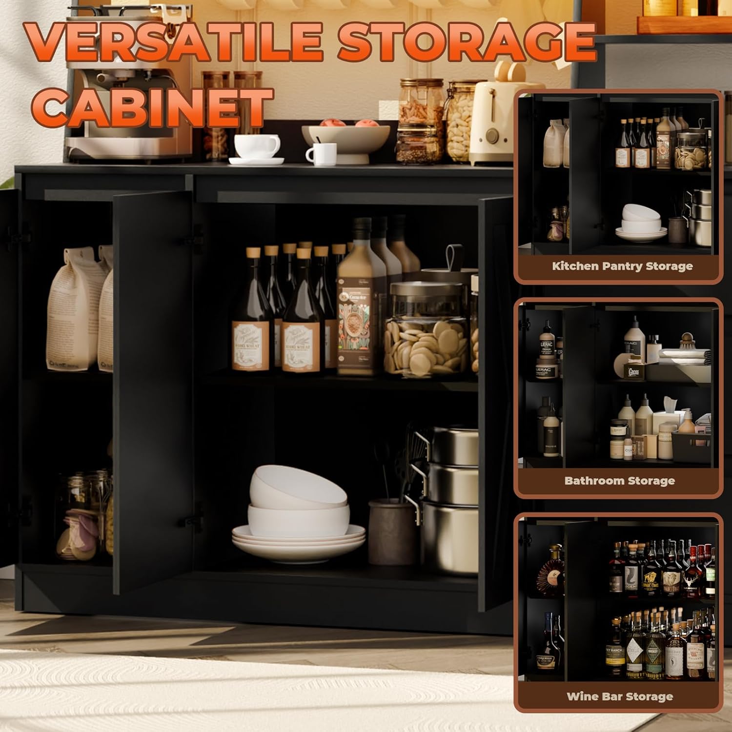Farmhouse Kitchen Pantry Cabinet with Power Outlet & LED Light, Large Coffee Bar Cupboard with Microwave Stand, 3 Doors & 3 Drawers, 7 Cup Holders & 8 Open Cubbies, Adjusted Shelves (Black)