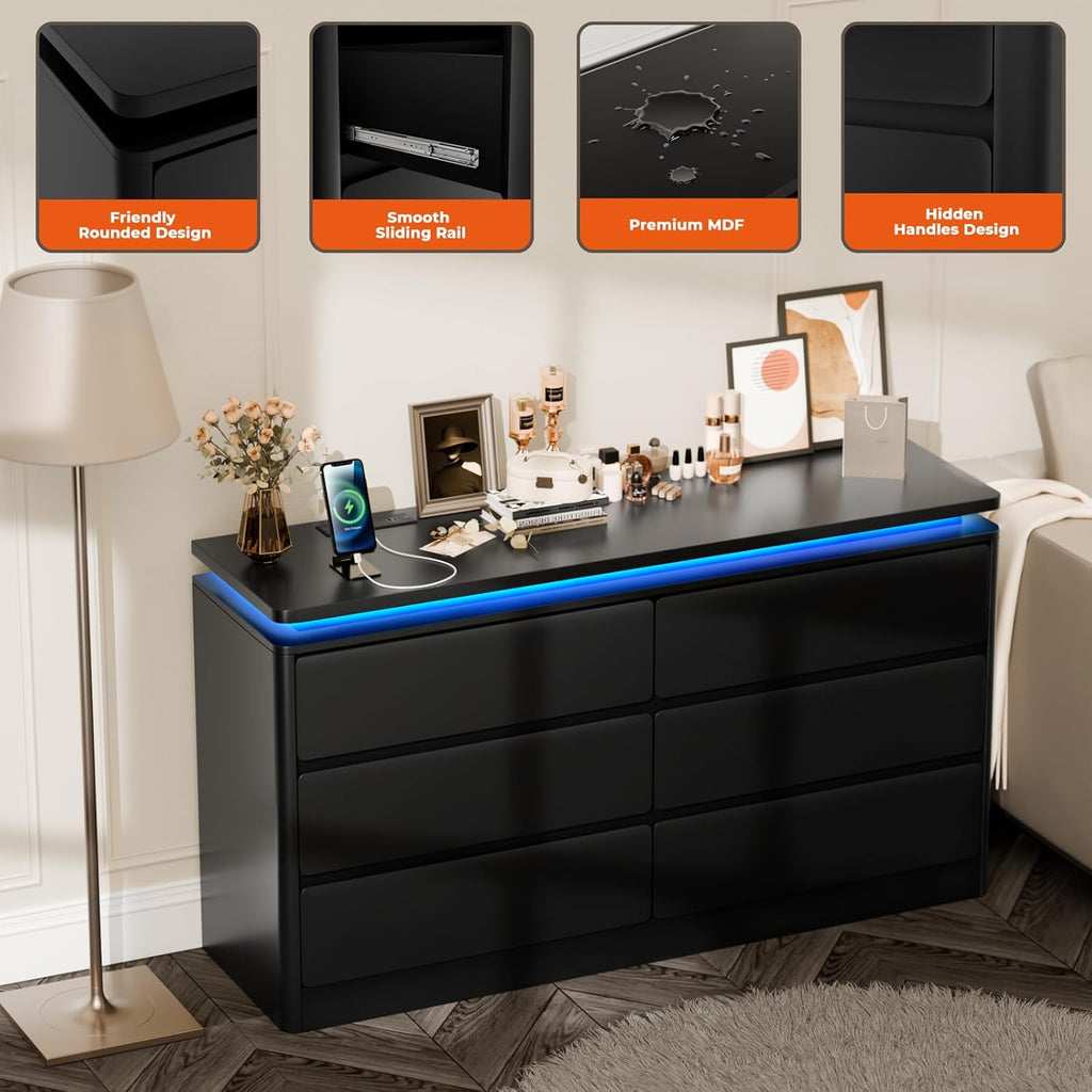 6 Drawer Black Dresser for Bedroom, 47.2