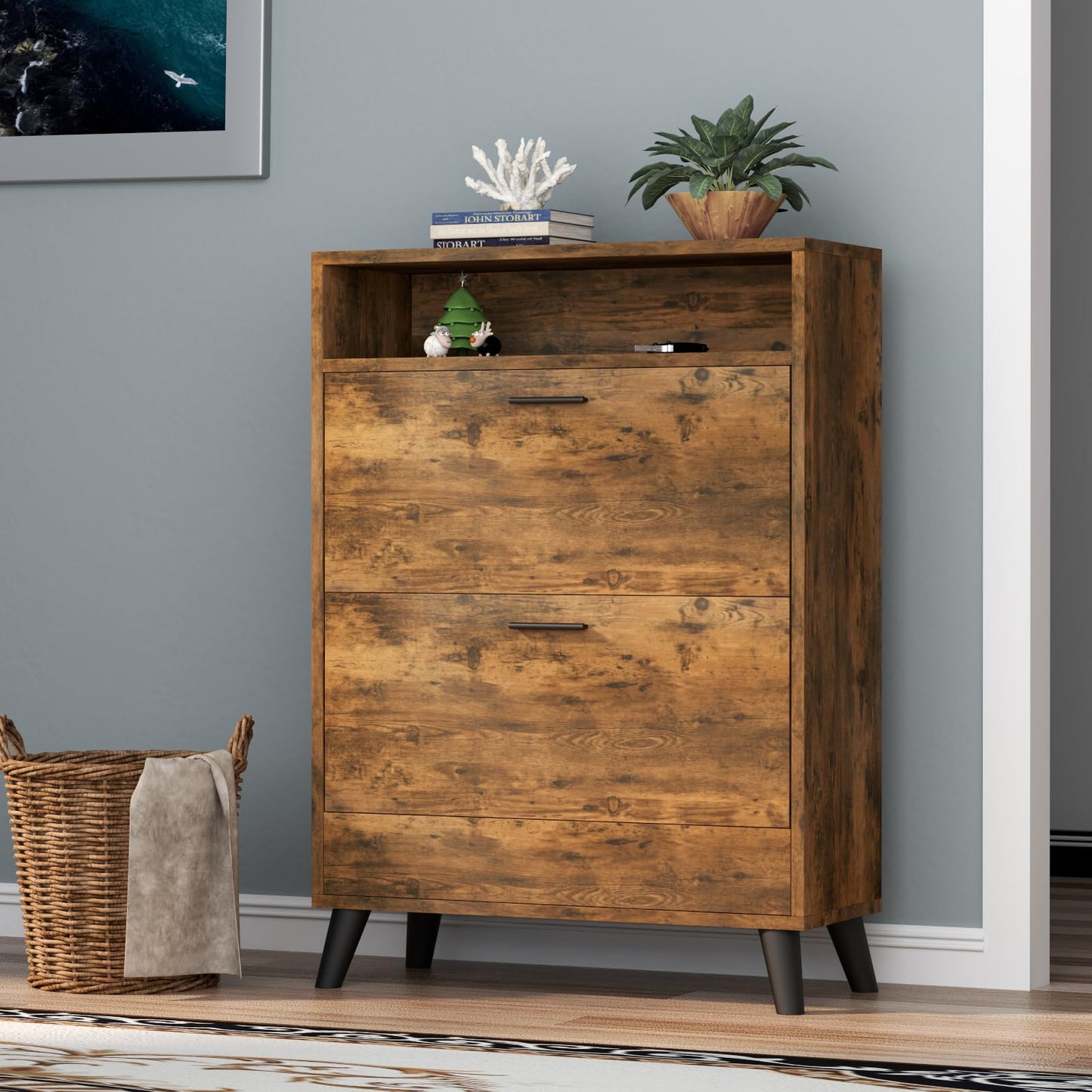 Shoe Storage Cabinets, 16 Pairs Free Standing Shoe Organizer with 2 Flip Drawers for Entryway, Narrow 3 Tier Entryway Hidden Shoe Rack with Doors (Upgraded Rustic)