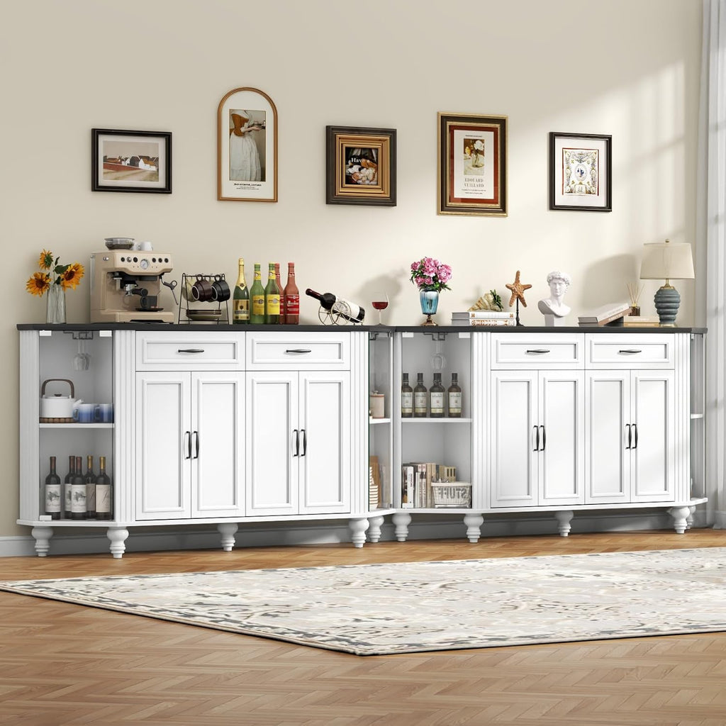 Buffet Cabinet with Storage, Farmhouse Kitchen Sideboard Cabinet with Solid Wood Legs Coffee Bar Storage with Glass Door Side Shelves for Kitchen, Dining Room, Entryway