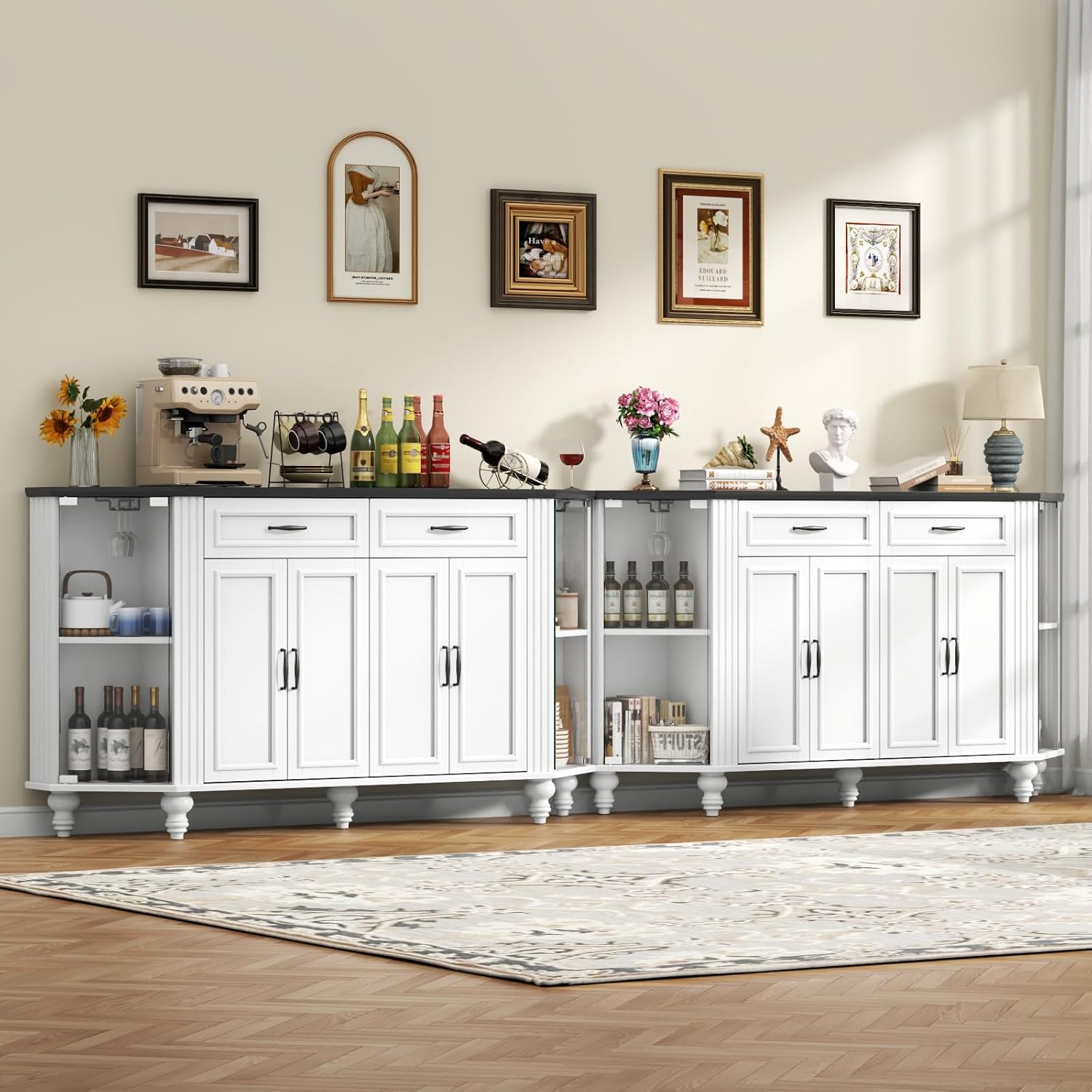 Buffet Cabinet with Storage, Farmhouse Kitchen Sideboard Cabinet with Solid Wood Legs Coffee Bar Storage with Glass Door Side Shelves for Kitchen, Dining Room, Entryway