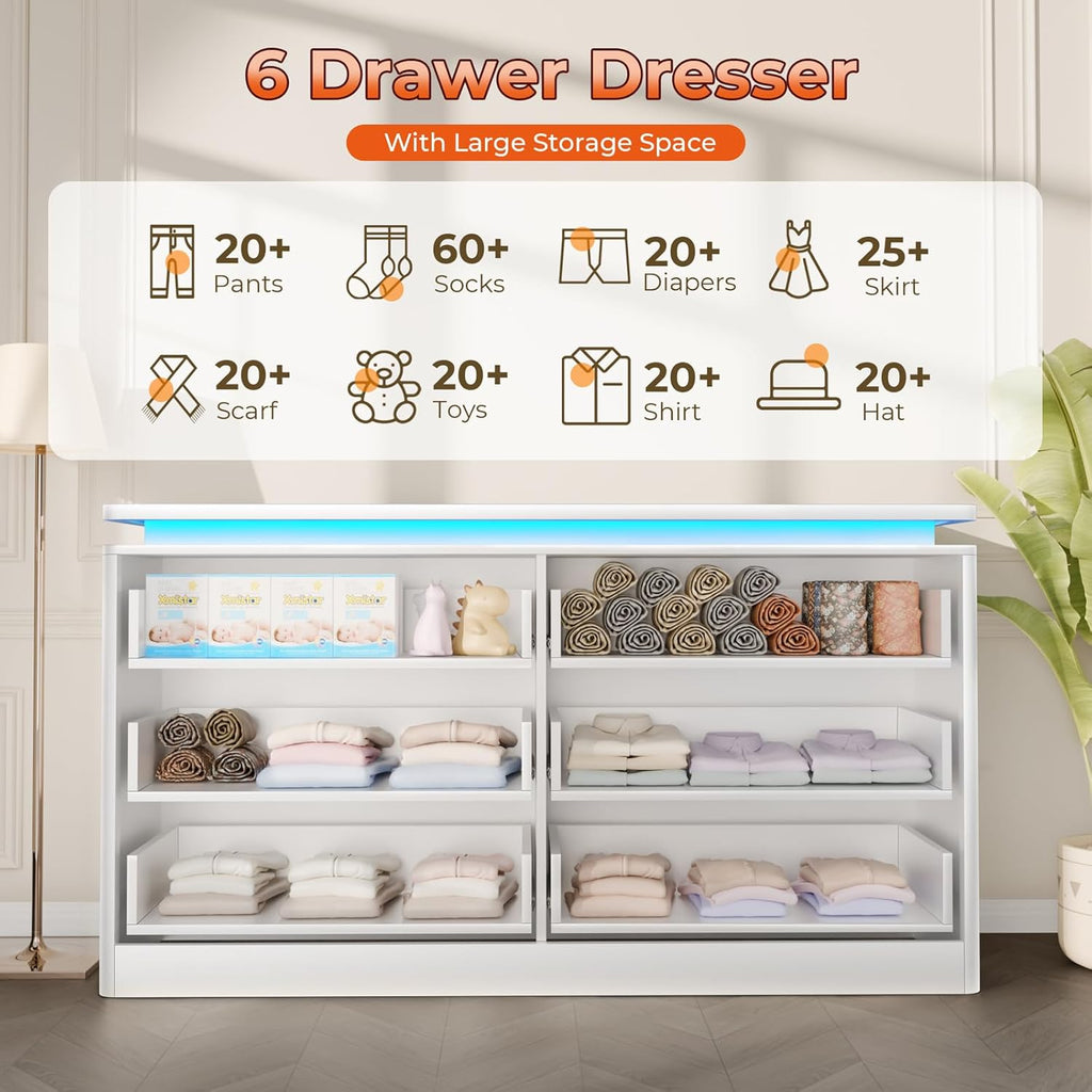 6 Drawer White Dresser for Bedroom, 47.2" Long Chest of Drawers with Charging Station & LED Lights, Double Wooden Storage Cabinet Dresser for Closet,Modern TV Stand with Deep Drawers