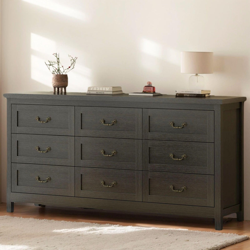 Farmhouse 9 Drawer Dresser for Bedroom, 63" Wide Long Chest of Drawers with Deep Drawers & Vintage Handle, Storage Dresser Organizer, TV Stand for Bedroom, Living Room (White)